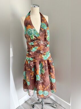 Mixit Silk Women’s Brown Floral Chiffon Halter V-Neck A-Line Lined Knee Dress 12